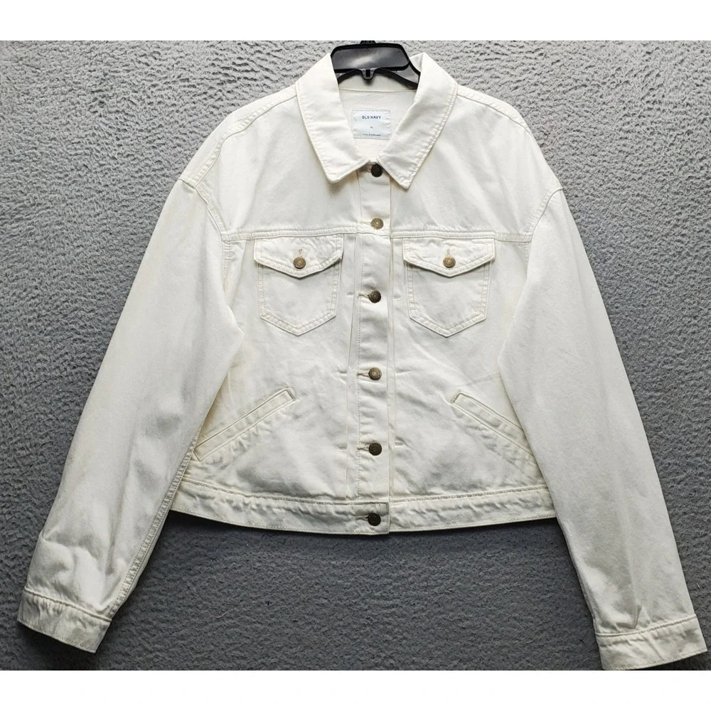 Old Navy Trucker Jacket Womens XL Cream Detail Chest Pocket‎ Collar Button Front